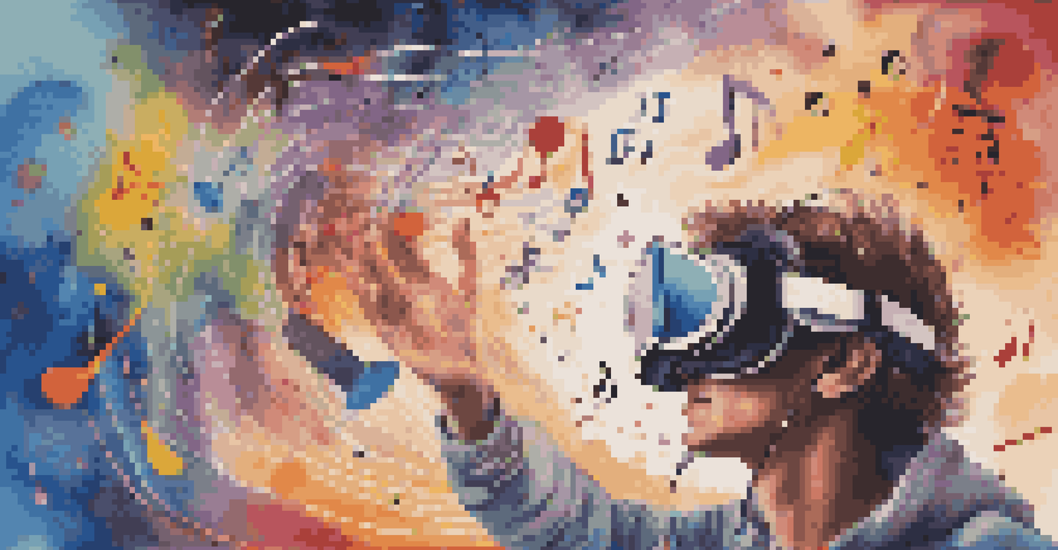 A student immersed in virtual reality, creating a soundscape with floating sound waves and colorful musical notes in a digital environment.