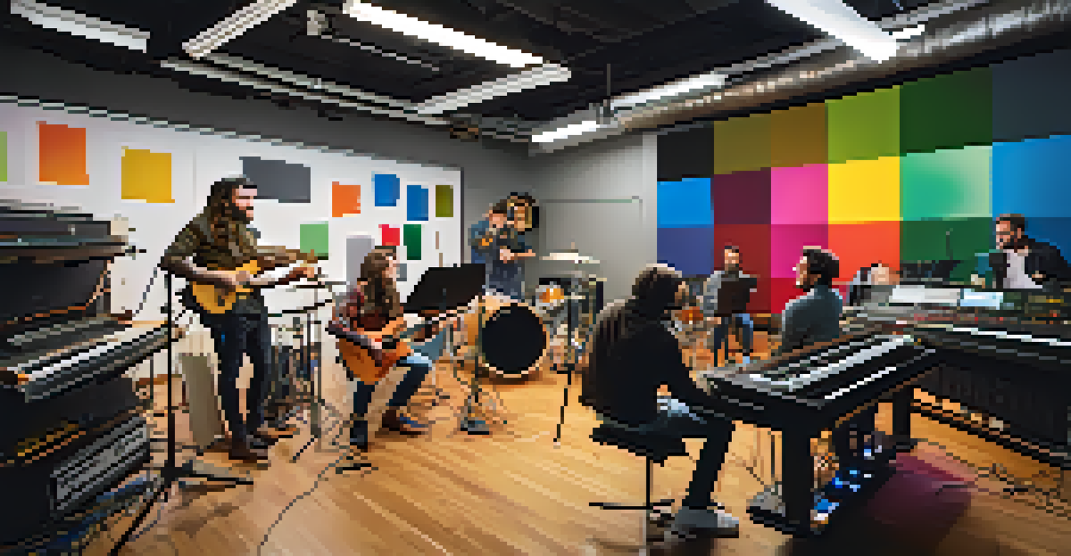 Musicians from diverse backgrounds collaborating in a modern studio, surrounded by instruments and recording equipment, with colorful sound waves displayed on a screen.
