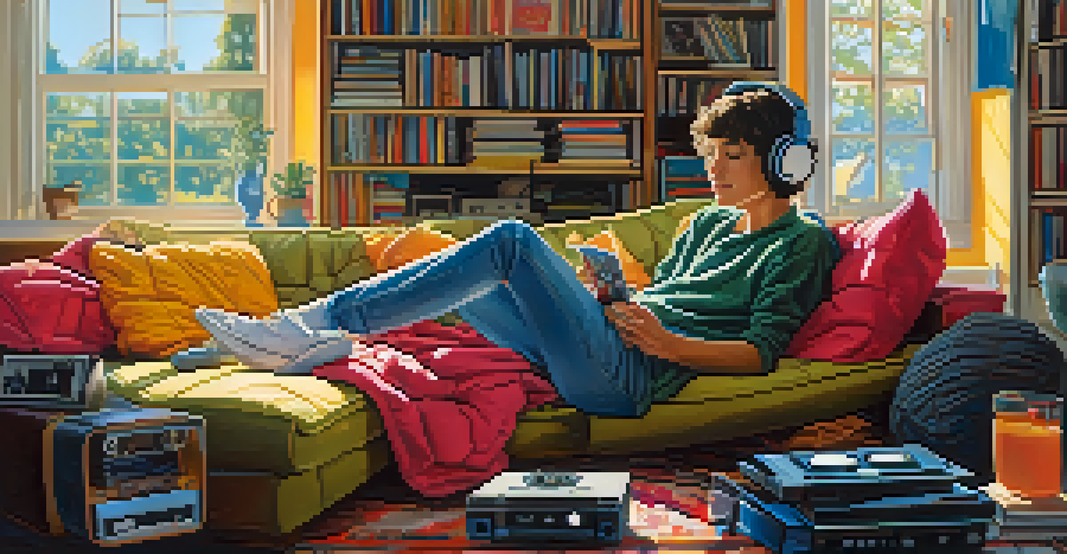 A young person on a couch with headphones, listening to a cassette player, surrounded by scattered cassette tapes in a bright living room.
