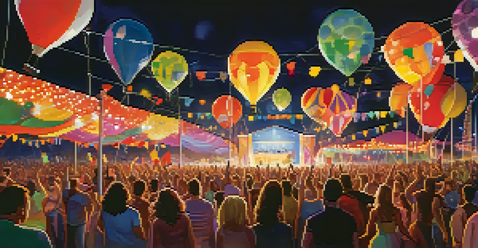 A lively outdoor music festival with a diverse crowd dancing and enjoying live music under colorful lights.