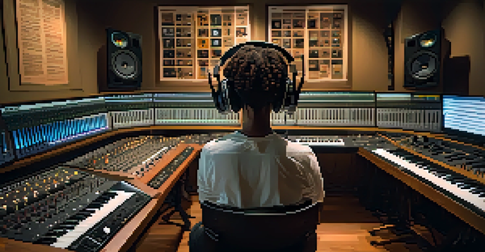 An A&R professional in a recording studio, listening to a demo track with musical instruments and gold records in the background.