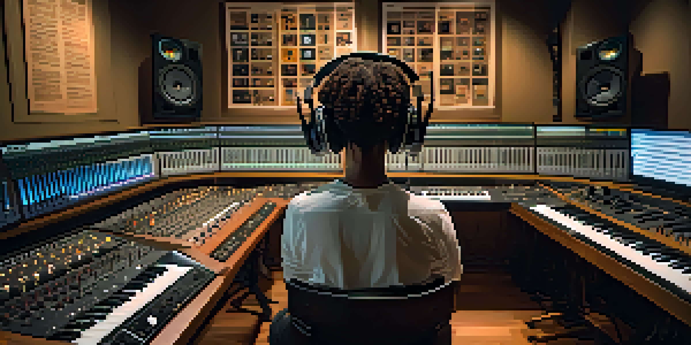 An A&R professional in a recording studio, listening to a demo track with musical instruments and gold records in the background.