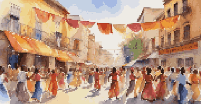 A lively street scene at a cultural music festival with diverse people dancing and enjoying the performances, colorful banners, and traditional instruments.