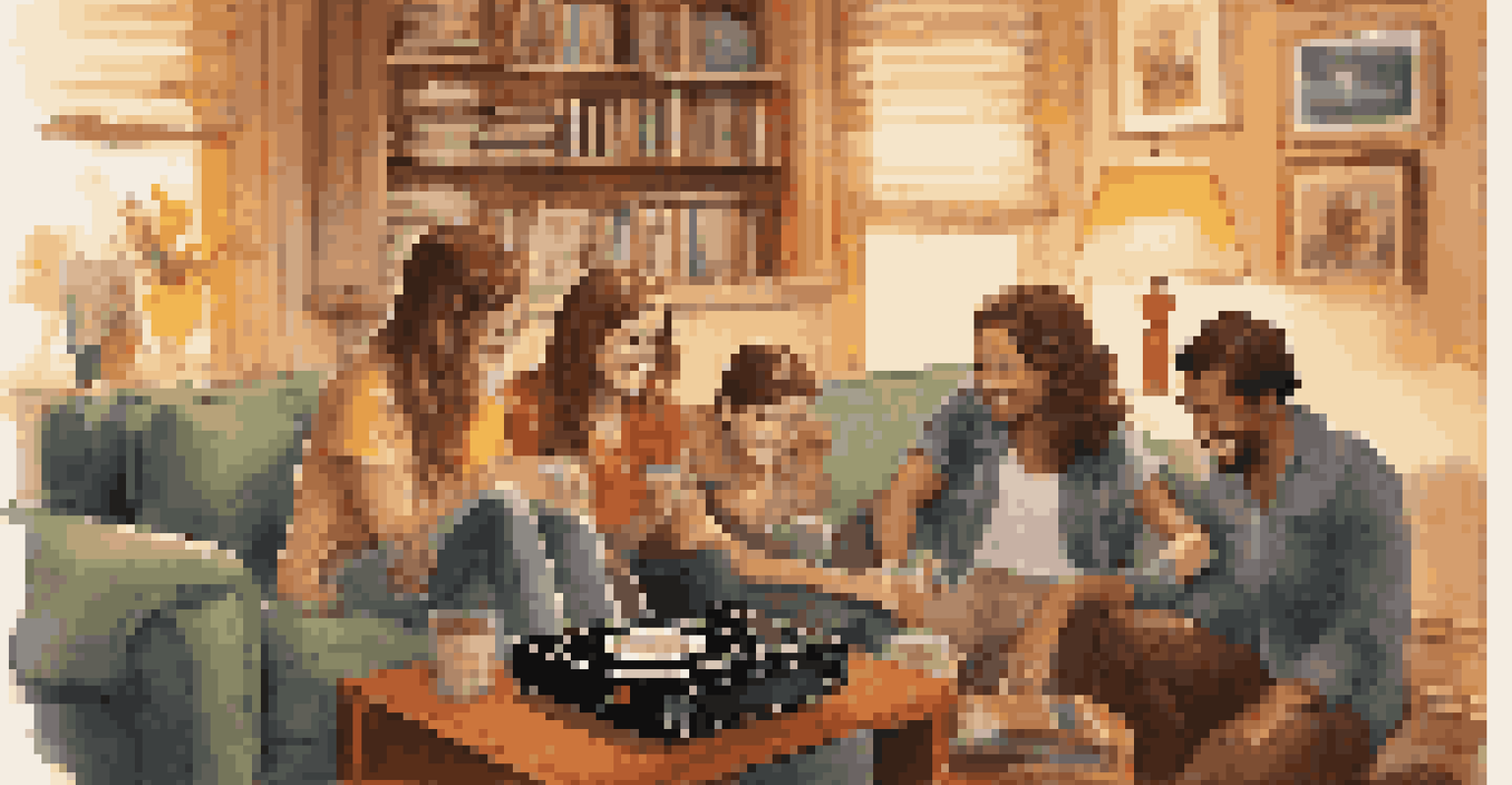 A group of friends enjoying music around a record player in a cozy living room, surrounded by vinyl records.