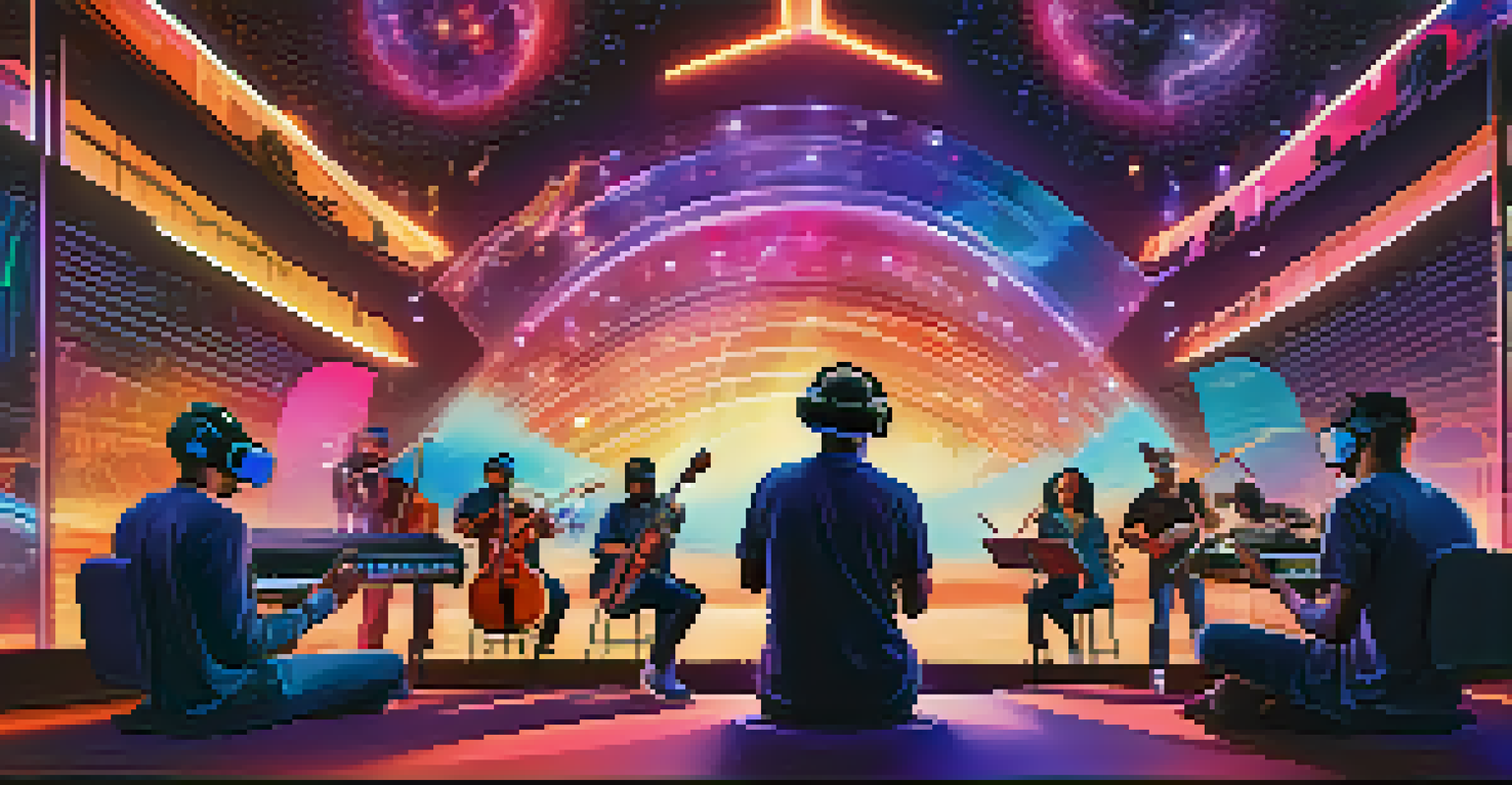 A digital representation of musicians collaborating in a virtual reality setting, featuring colorful holograms and diverse styles of artists performing together.