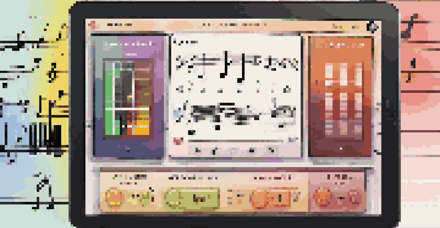 A tablet displaying a colorful music quiz interface, featuring multiple-choice questions and a timer, with a blurred music studio background.