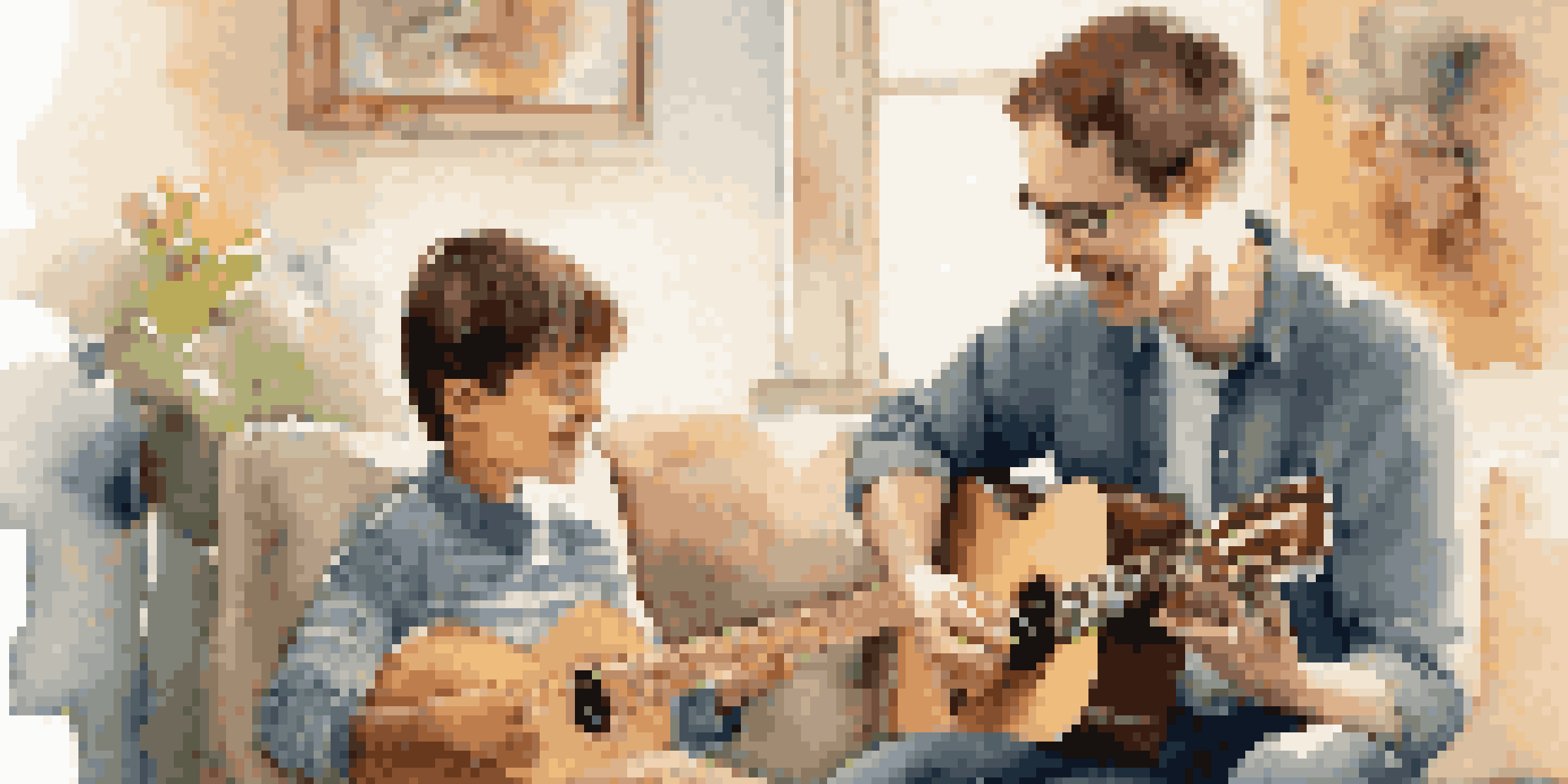 A young boy and his music therapist sharing a joyful moment over a guitar in a warm and artistic therapy room.