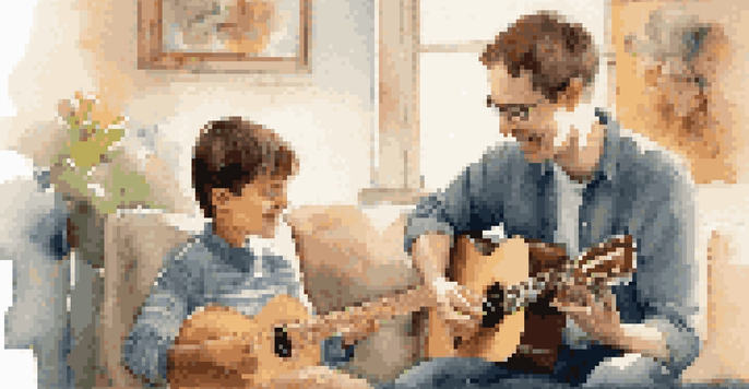 A young boy and his music therapist sharing a joyful moment over a guitar in a warm and artistic therapy room.