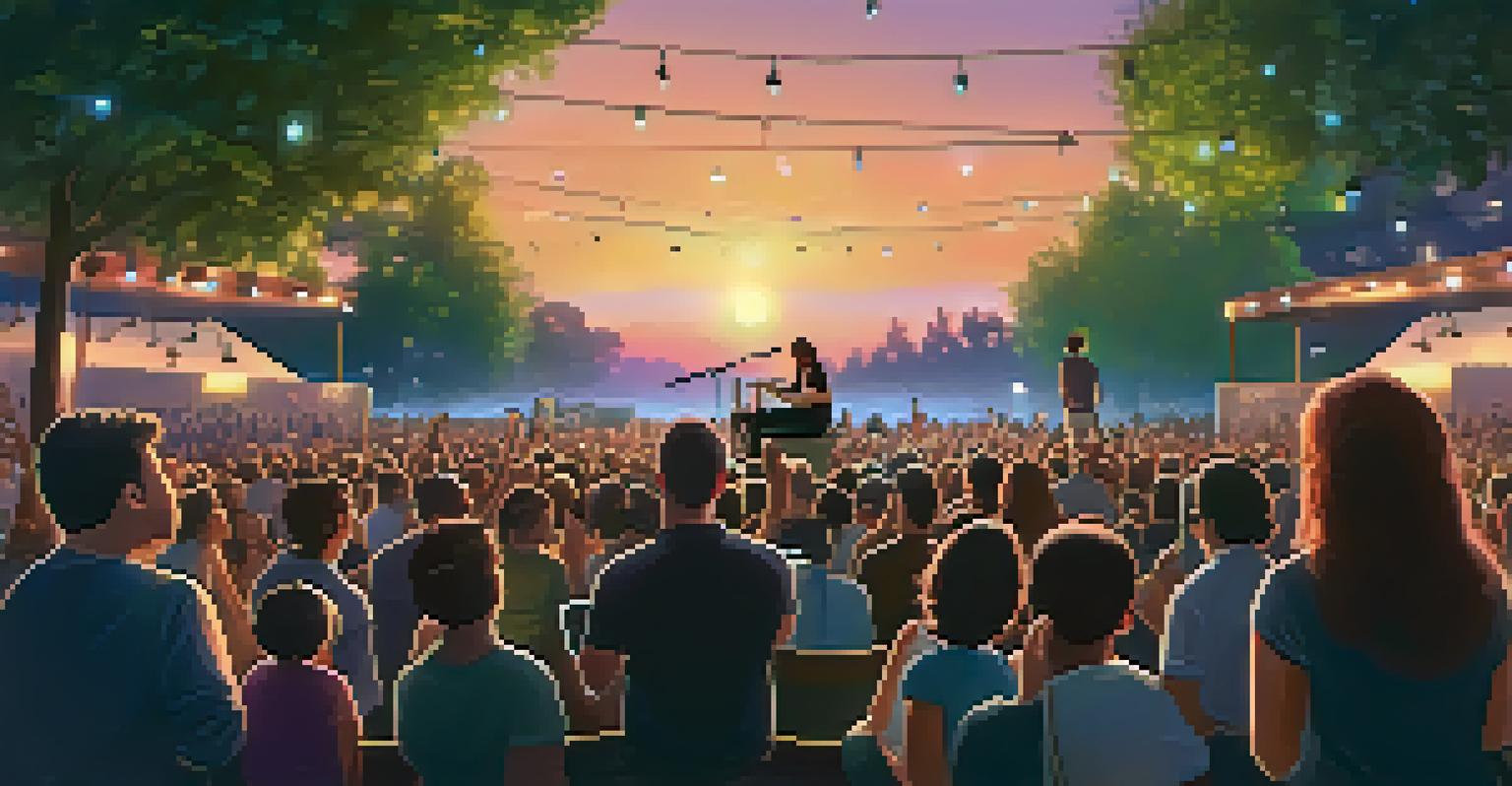 A singer performing at an outdoor concert with an engaged audience, under a sunset sky.