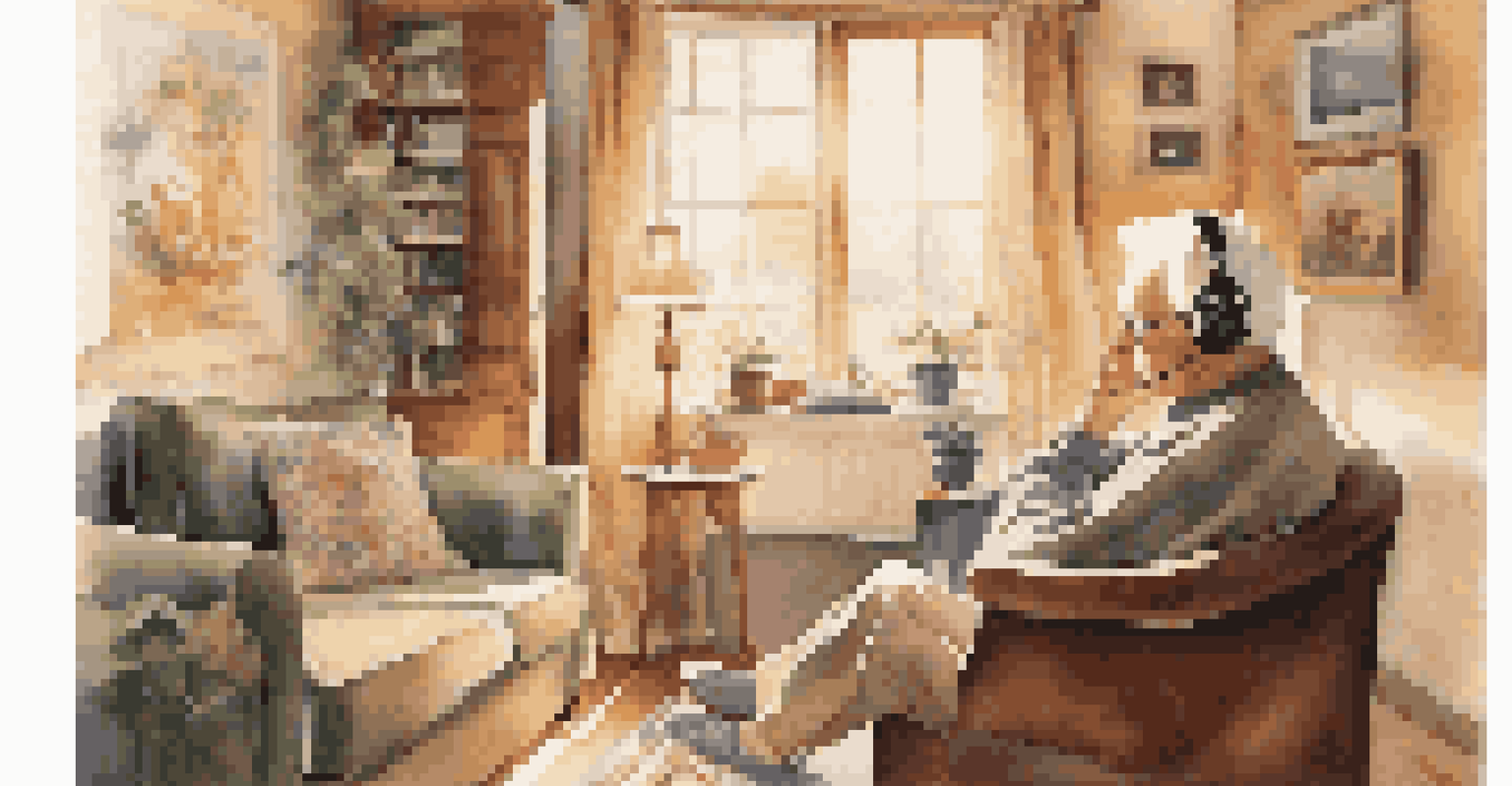 A senior enjoying music through headphones in a cozy living room, surrounded by personal memorabilia and soft sunlight.