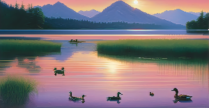 A tranquil lake at sunset with ripples on the water, ducks gliding, and lush greenery in the background.