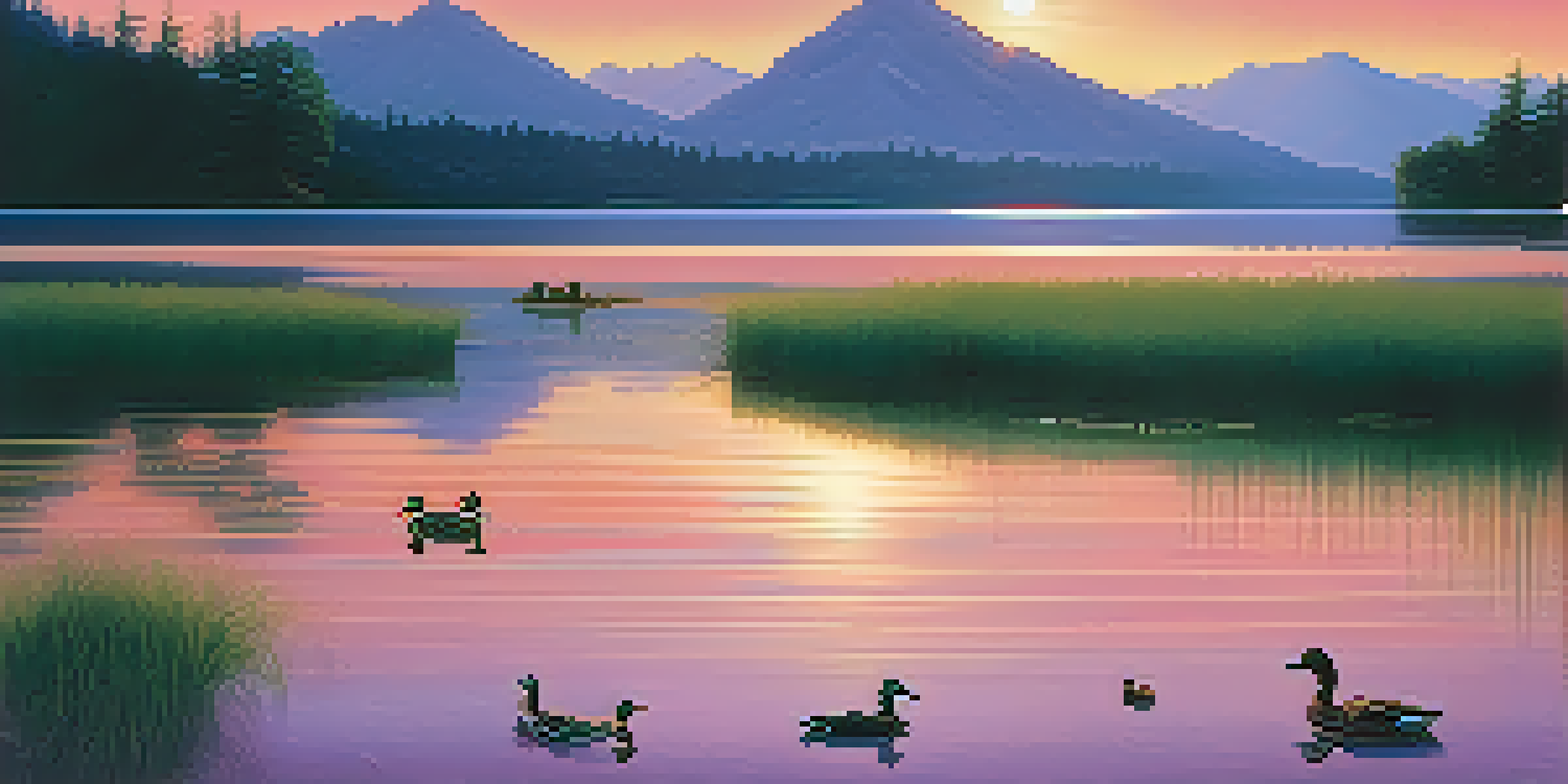 A tranquil lake at sunset with ripples on the water, ducks gliding, and lush greenery in the background.