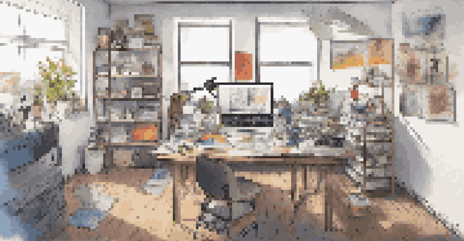 An artist's workspace filled with sketches of T-shirt designs, eco-friendly fabric samples, and digital devices, bathed in natural light.