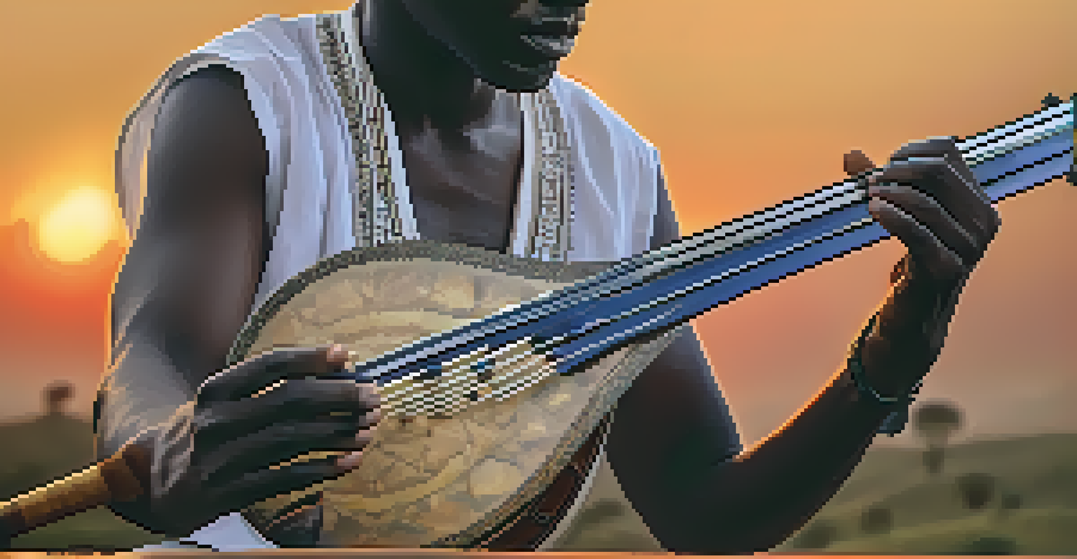 A close-up of a man playing a kora, a traditional West African string instrument, with a sunset background, showcasing the detailed craftsmanship of the instrument.