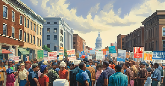 A diverse group of people participating in a civil rights protest in the 1960s, holding signs and banners, set against a backdrop of historical buildings.