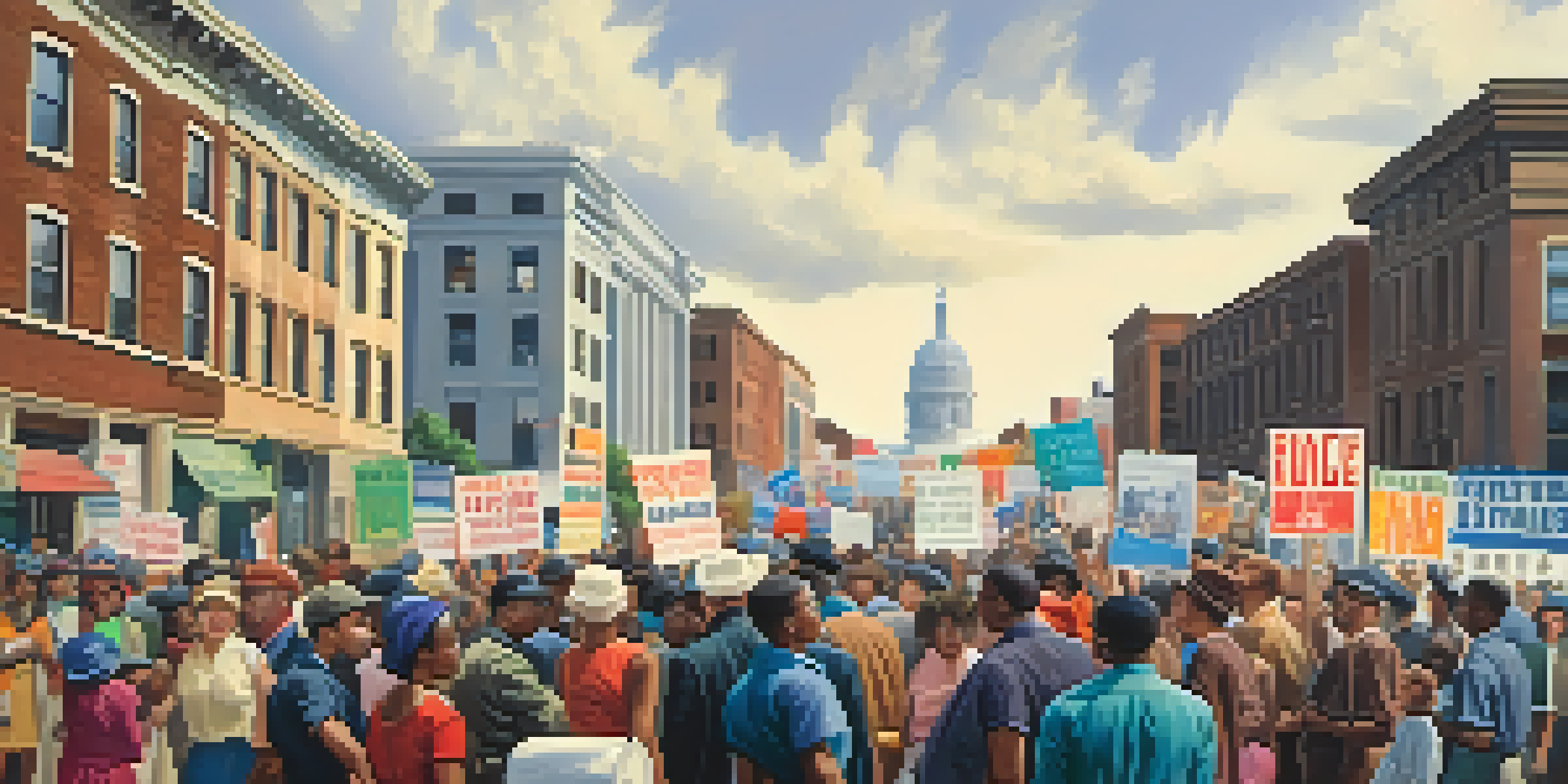 A diverse group of people participating in a civil rights protest in the 1960s, holding signs and banners, set against a backdrop of historical buildings.