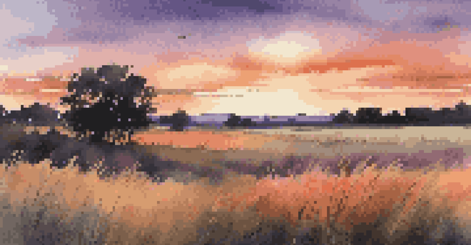 An open field at sunset with colorful skies and tall grasses swaying in the breeze.