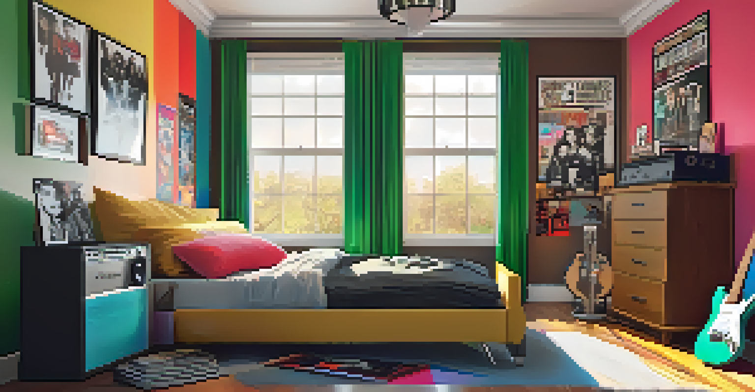 A teenage bedroom decorated with pop-punk posters and memorabilia, featuring a guitar and a vinyl record player.