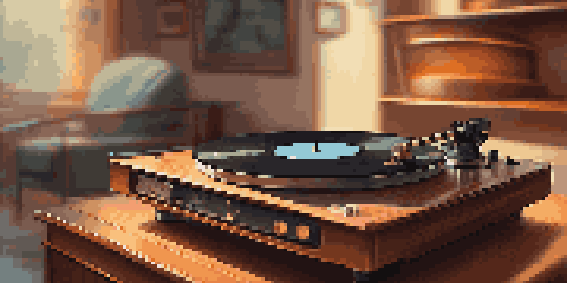 A vintage turntable with a spinning vinyl record, illuminated by soft, warm lighting, set in a cozy living room.
