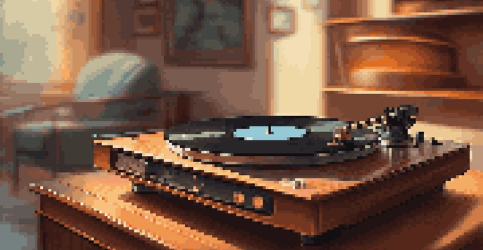 A vintage turntable with a spinning vinyl record, illuminated by soft, warm lighting, set in a cozy living room.