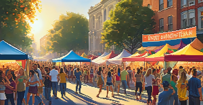 A lively street scene featuring a music festival with colorful tents, live performances, food trucks, and a diverse crowd enjoying the festivities under warm sunlight.