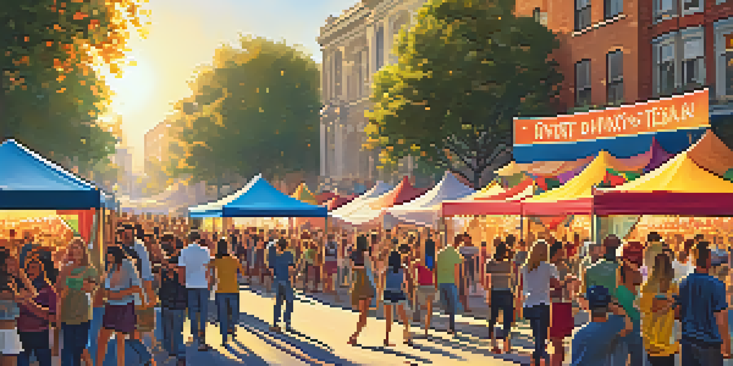 A lively street scene featuring a music festival with colorful tents, live performances, food trucks, and a diverse crowd enjoying the festivities under warm sunlight.