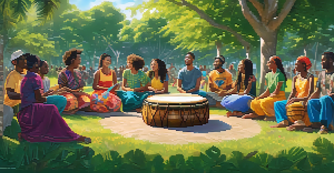A diverse group of people playing drums in a sunny park, showcasing joy and cultural connection.