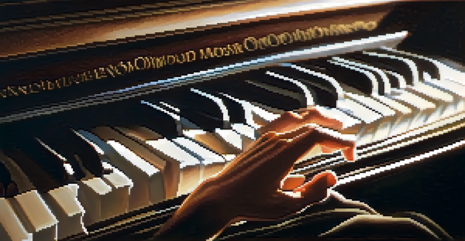 Close-up view of hands playing a piano, with sunlight creating soft shadows, symbolizing creativity and expression in music therapy.