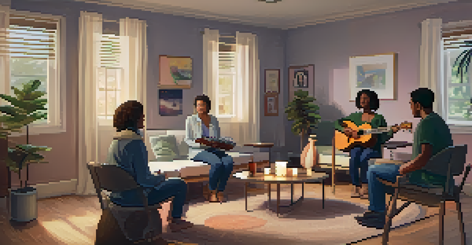A music therapy session with a therapist and participants holding instruments in a softly lit room.