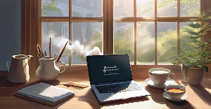 A cozy study space with a wooden desk, open notebook, steaming cup of tea, and laptop, illuminated by soft sunlight, with music notes depicted in the air.