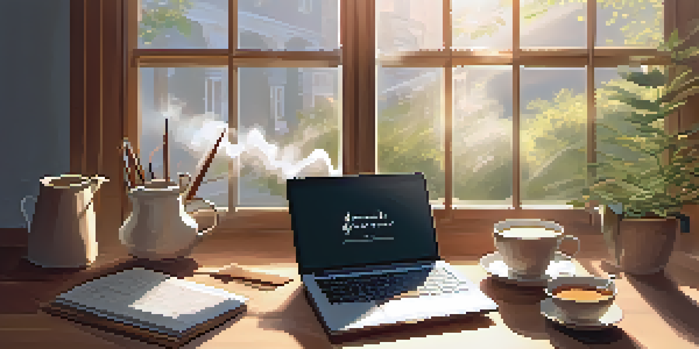 A cozy study space with a wooden desk, open notebook, steaming cup of tea, and laptop, illuminated by soft sunlight, with music notes depicted in the air.
