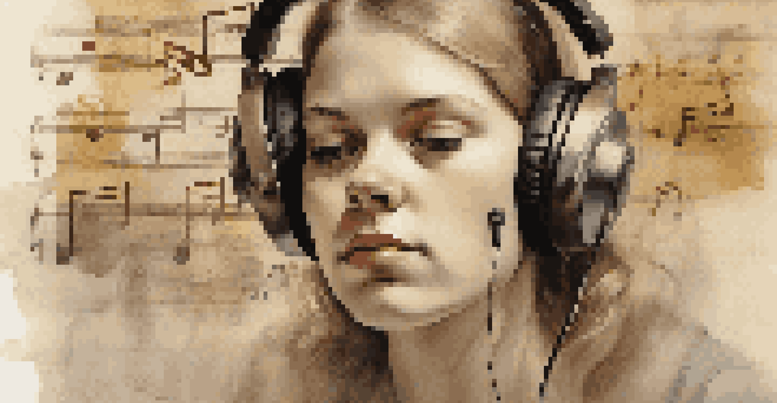 A young woman with vintage headphones, immersed in music, against a backdrop of historical murals.