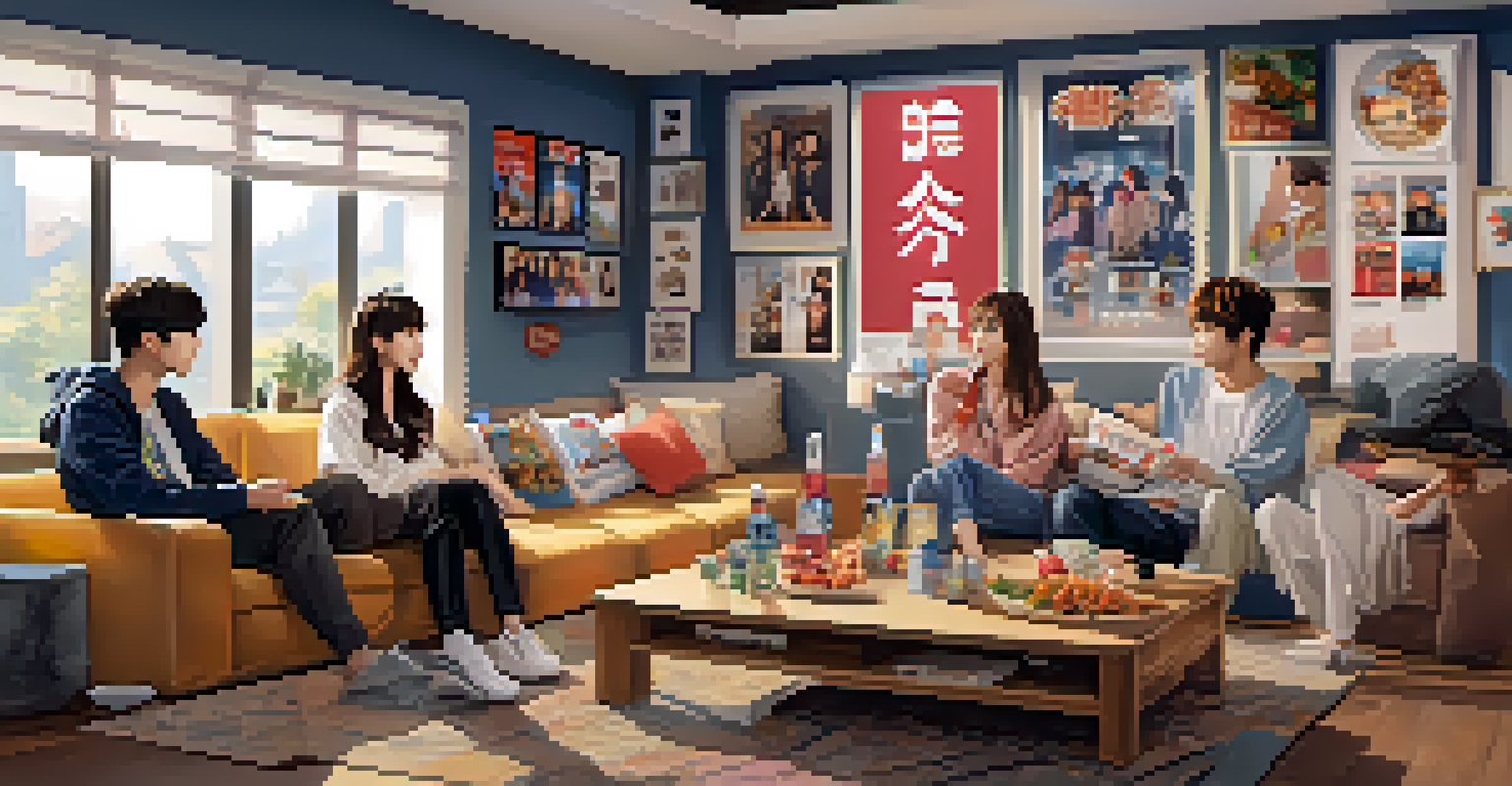 A group of K-Pop fans enjoying a live performance in a cozy living room filled with posters and merchandise.