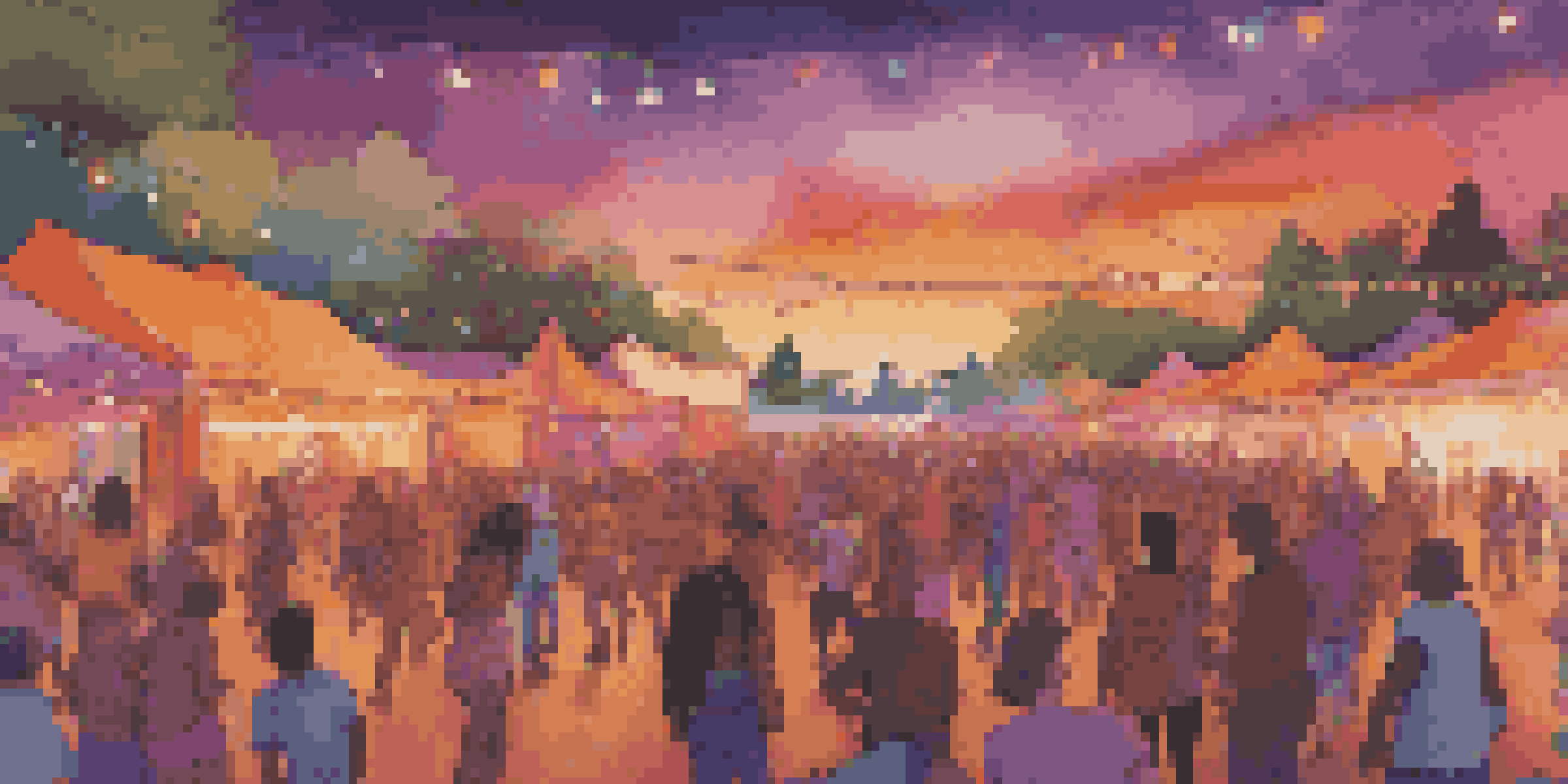 A lively music festival at sunset with diverse attendees dancing, a colorful stage, and food stalls in the background.