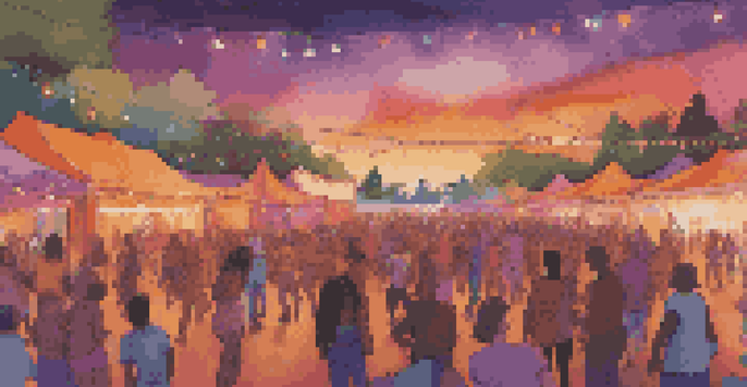 A lively music festival at sunset with diverse attendees dancing, a colorful stage, and food stalls in the background.