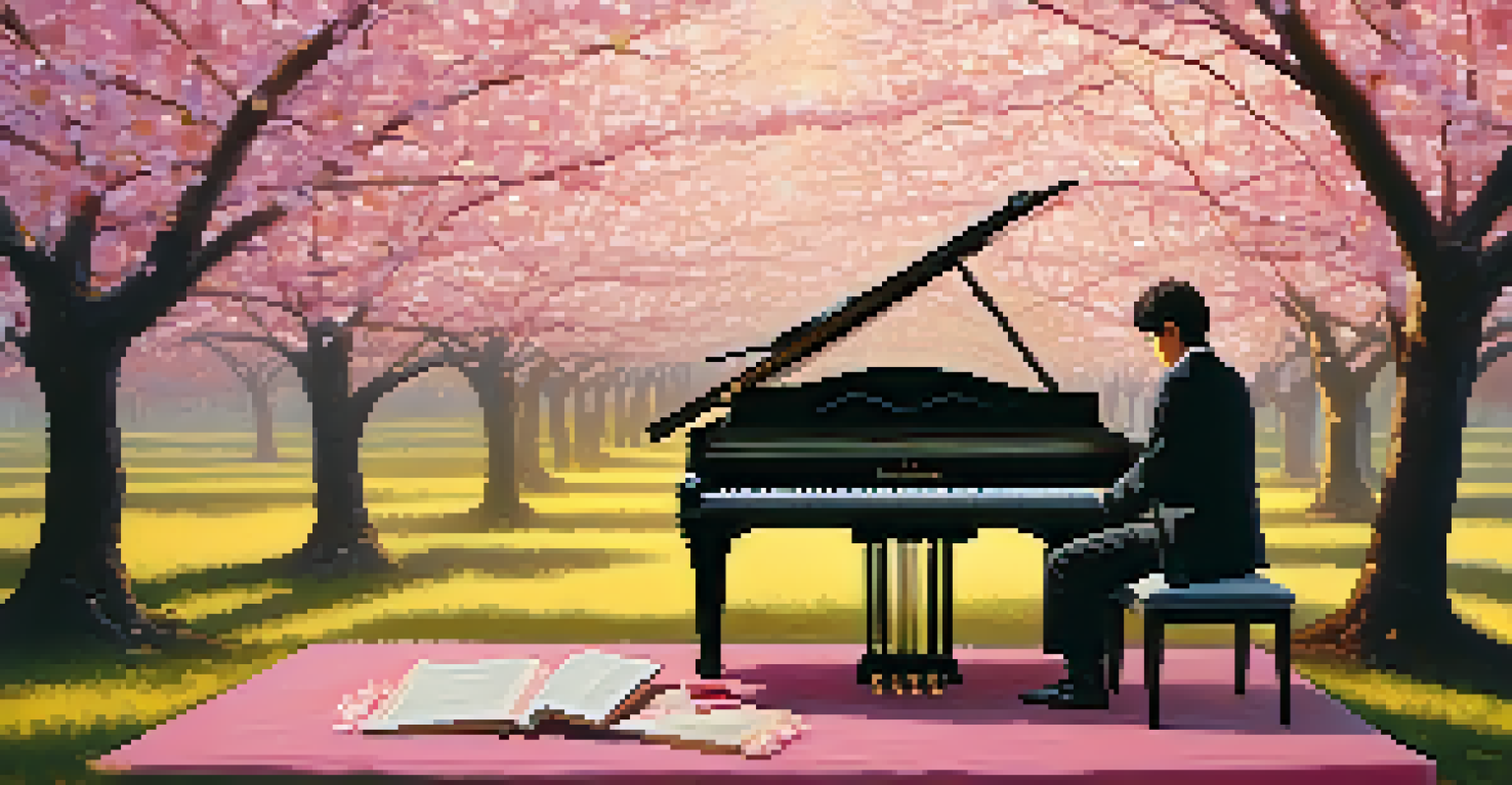 A musician playing a clavichord outdoors under a cherry blossom tree, creating a serene and beautiful scene filled with pink petals.
