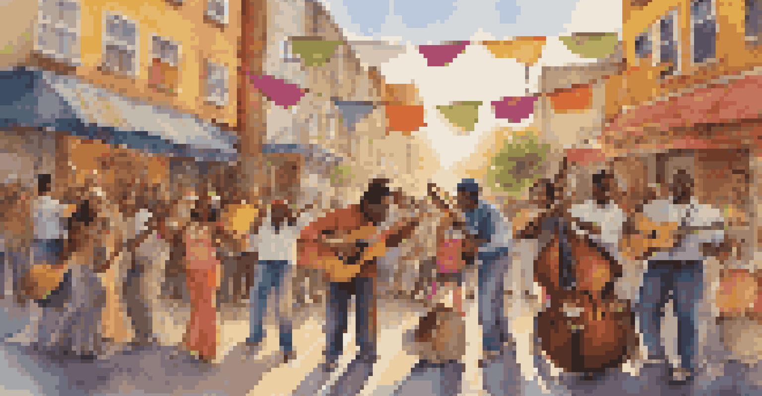 A diverse group of musicians performing in a vibrant street scene with a lively crowd and colorful decorations.