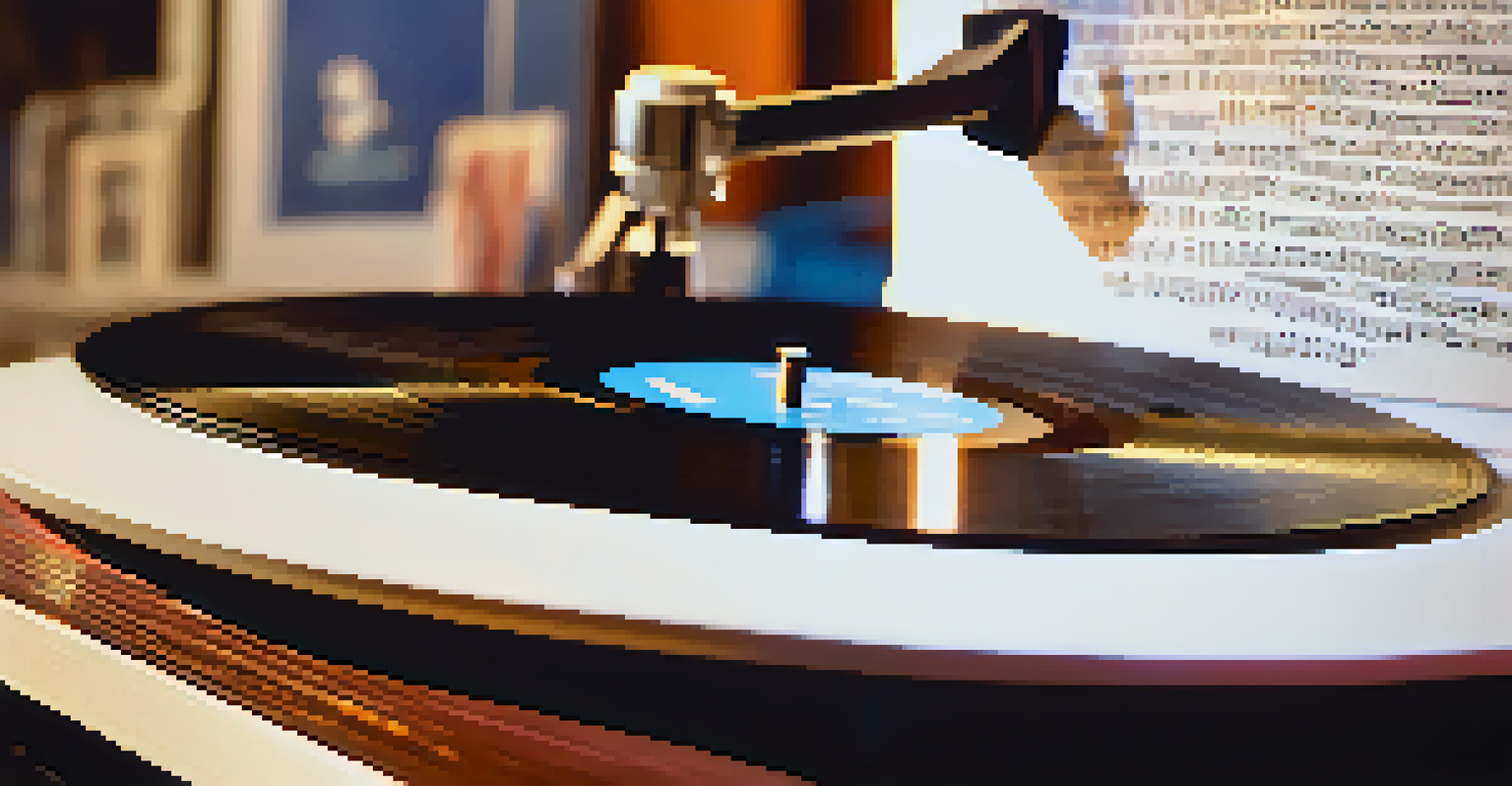 A close-up of a spinning vinyl record on a turntable, with handwritten lyrics about social justice in the background.