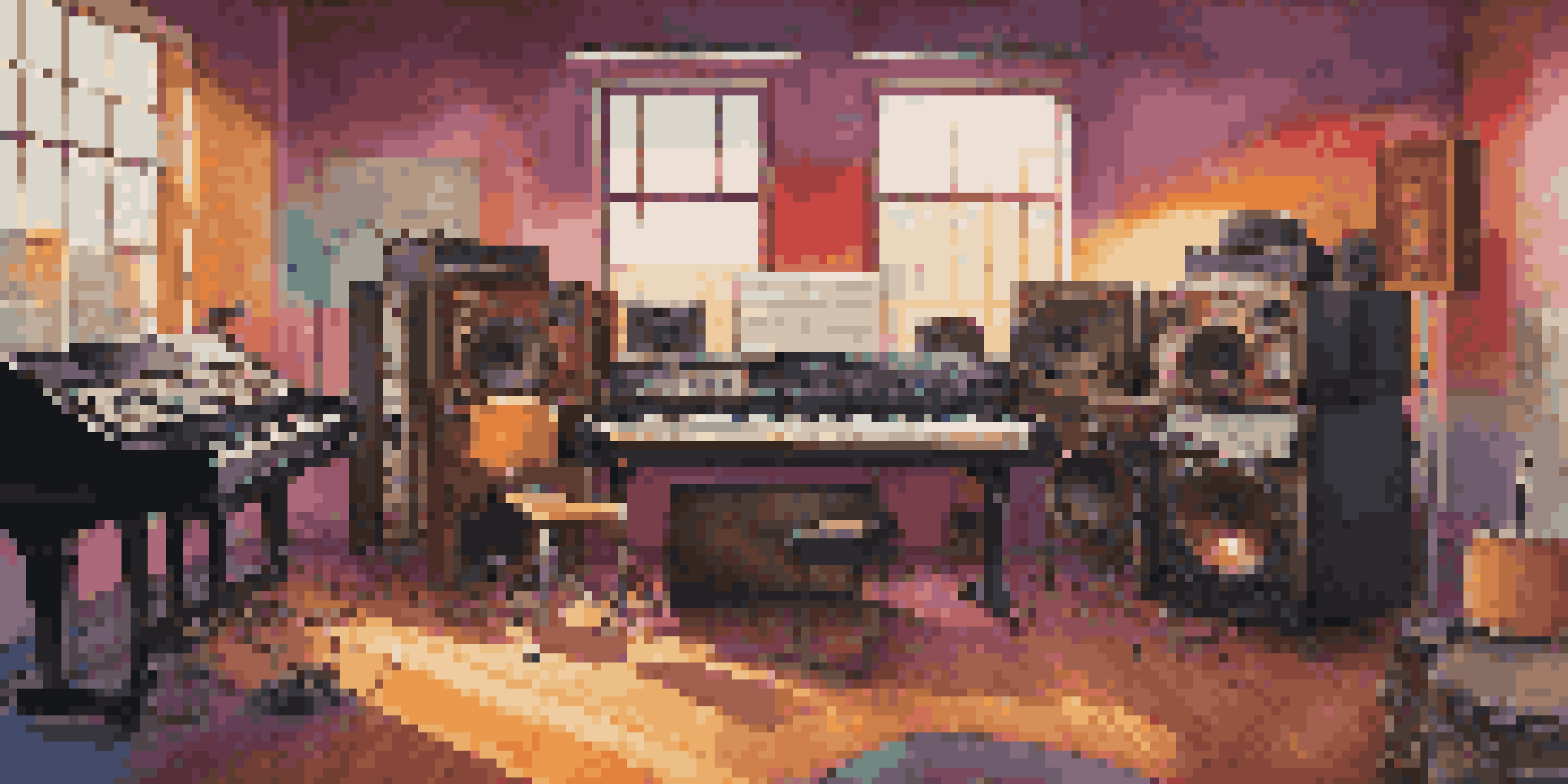 A colorful music studio with sound equipment, natural light, and framed musician posters.