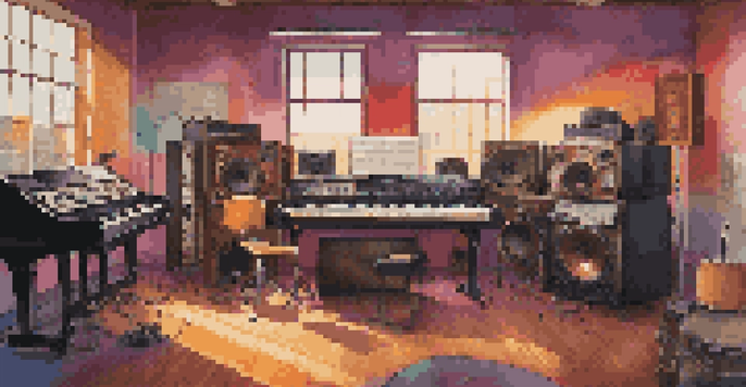 A colorful music studio with sound equipment, natural light, and framed musician posters.