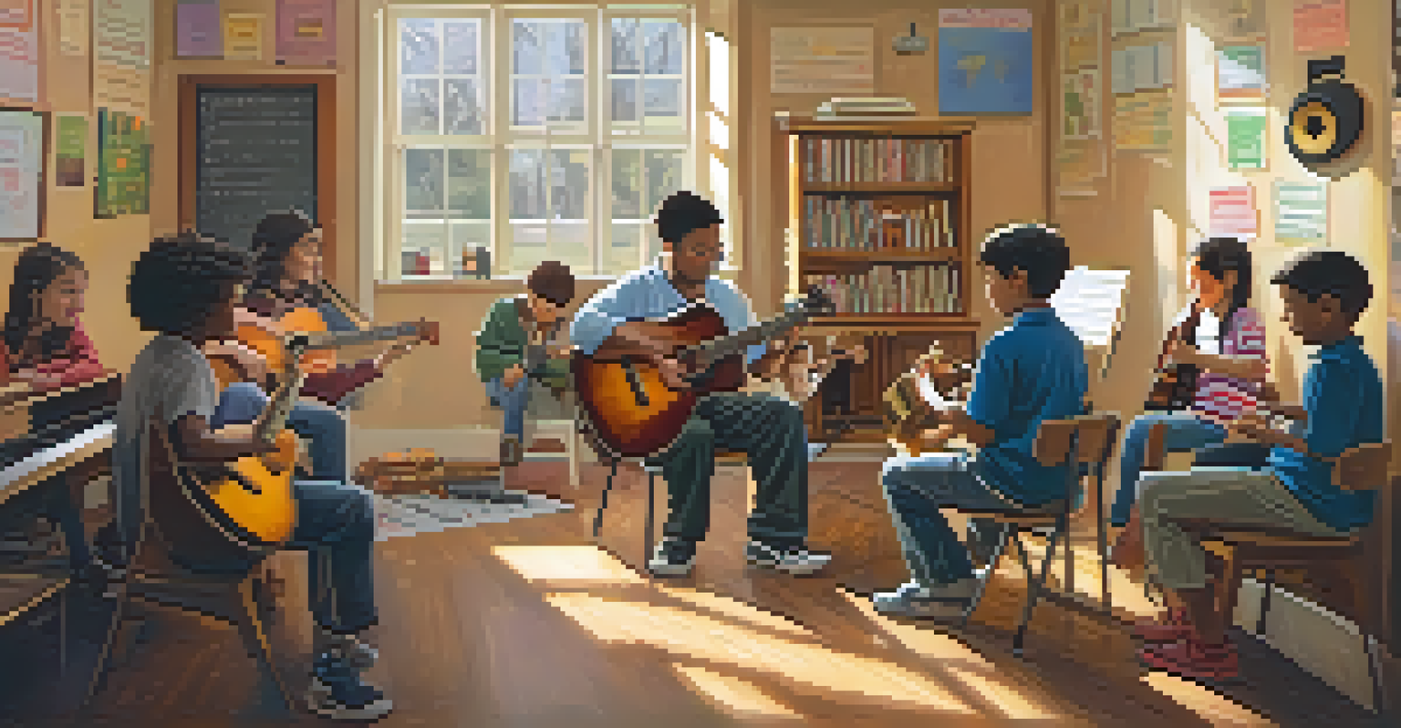 A warm music classroom with students learning instruments from an instructor, surrounded by musical decor.