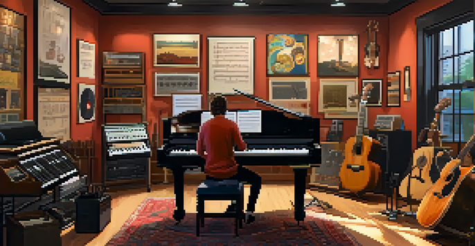 A cozy music studio with various instruments and a musician at the mixing console, bathed in warm light.