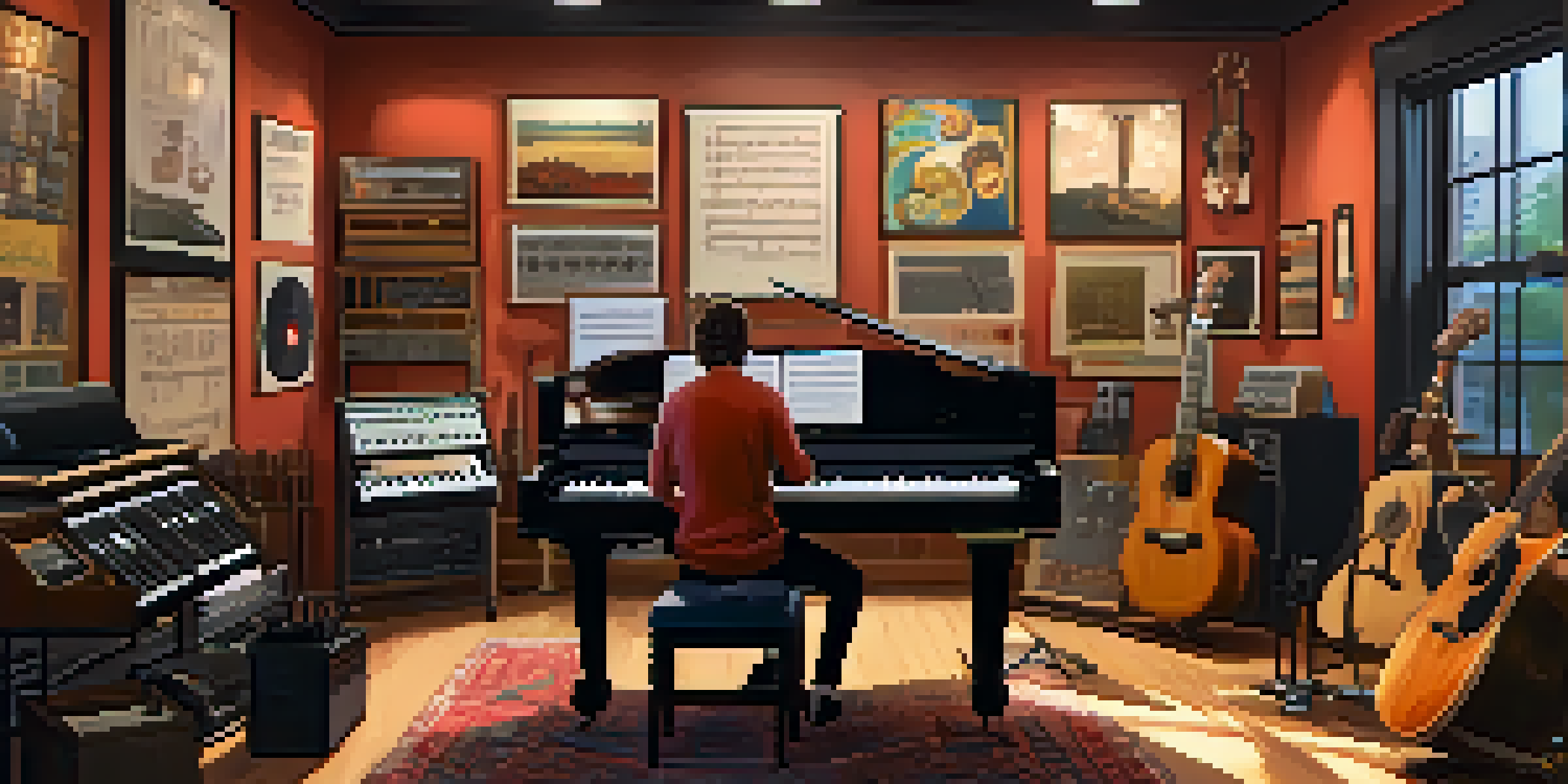 A cozy music studio with various instruments and a musician at the mixing console, bathed in warm light.