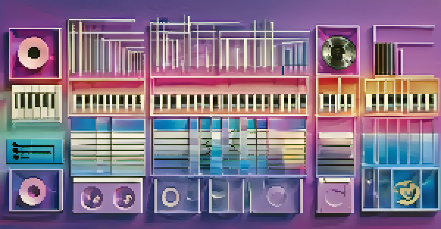 A colorful arrangement of music licensing icons like copyright symbols and music notes on a gradient background.