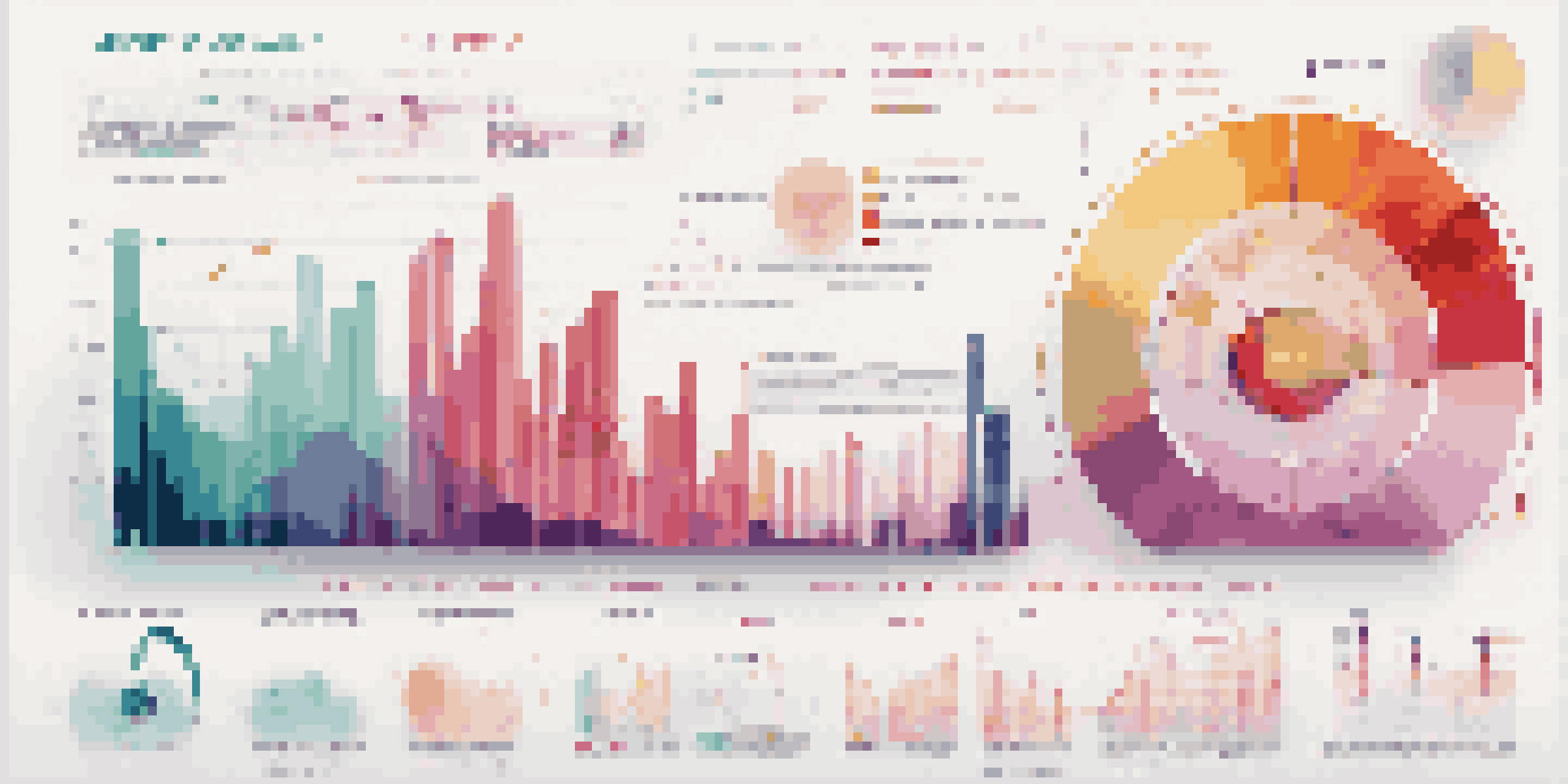 An infographic depicting music analytics with colorful graphs, charts, and a background of musical notes and sound waves.