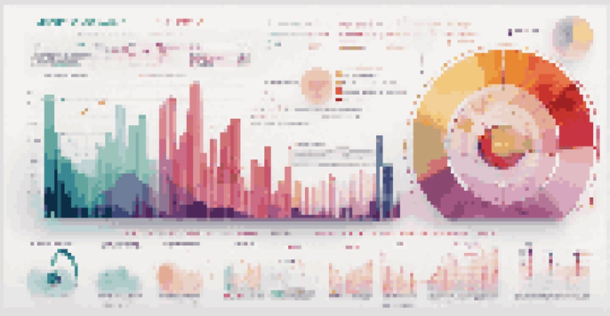 An infographic depicting music analytics with colorful graphs, charts, and a background of musical notes and sound waves.
