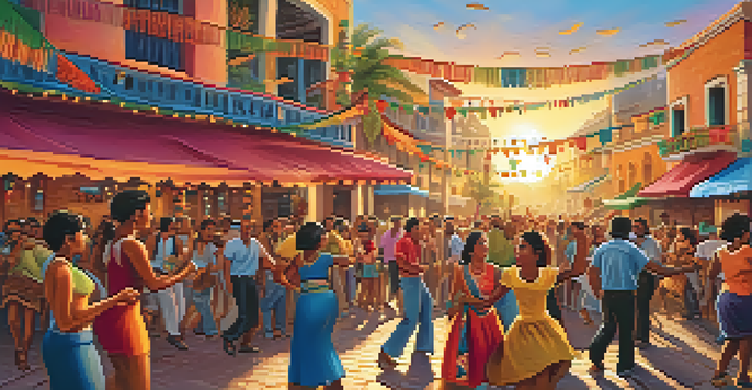 A lively Latin music festival with musicians, dancers, and colorful decorations under a sunset sky.
