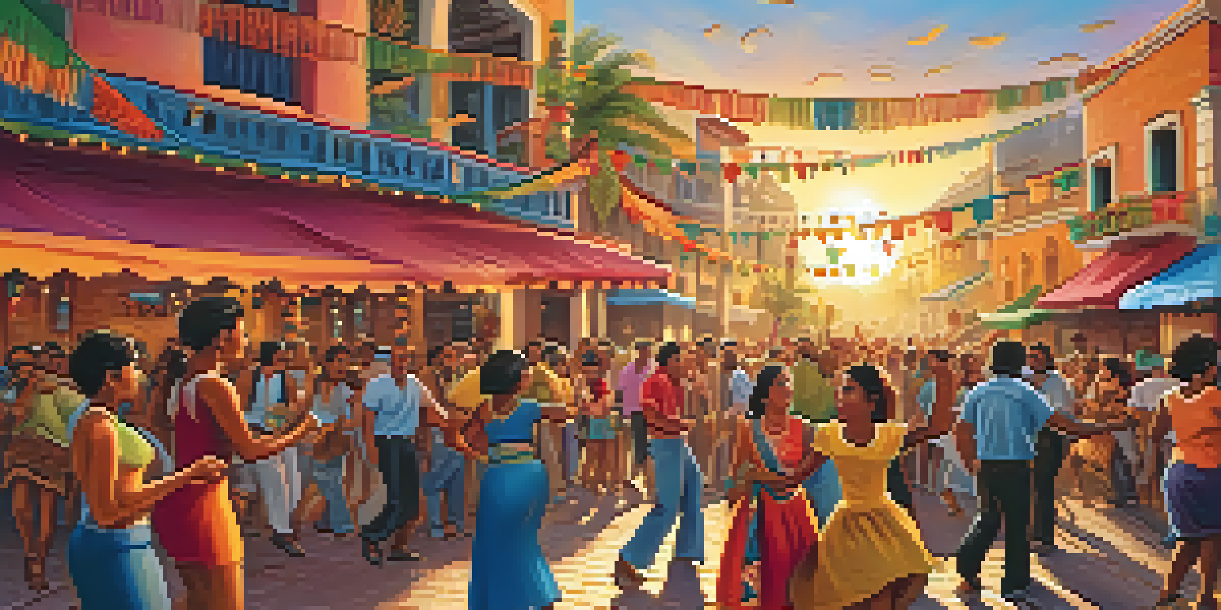 A lively Latin music festival with musicians, dancers, and colorful decorations under a sunset sky.