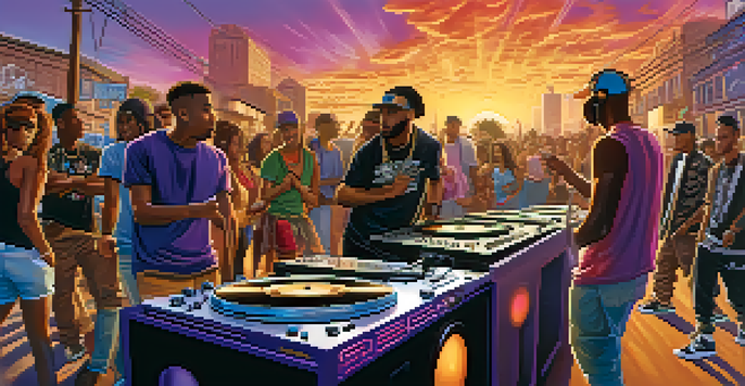 An urban street scene with hip-hop artists creating music against a colorful graffiti background at sunset.