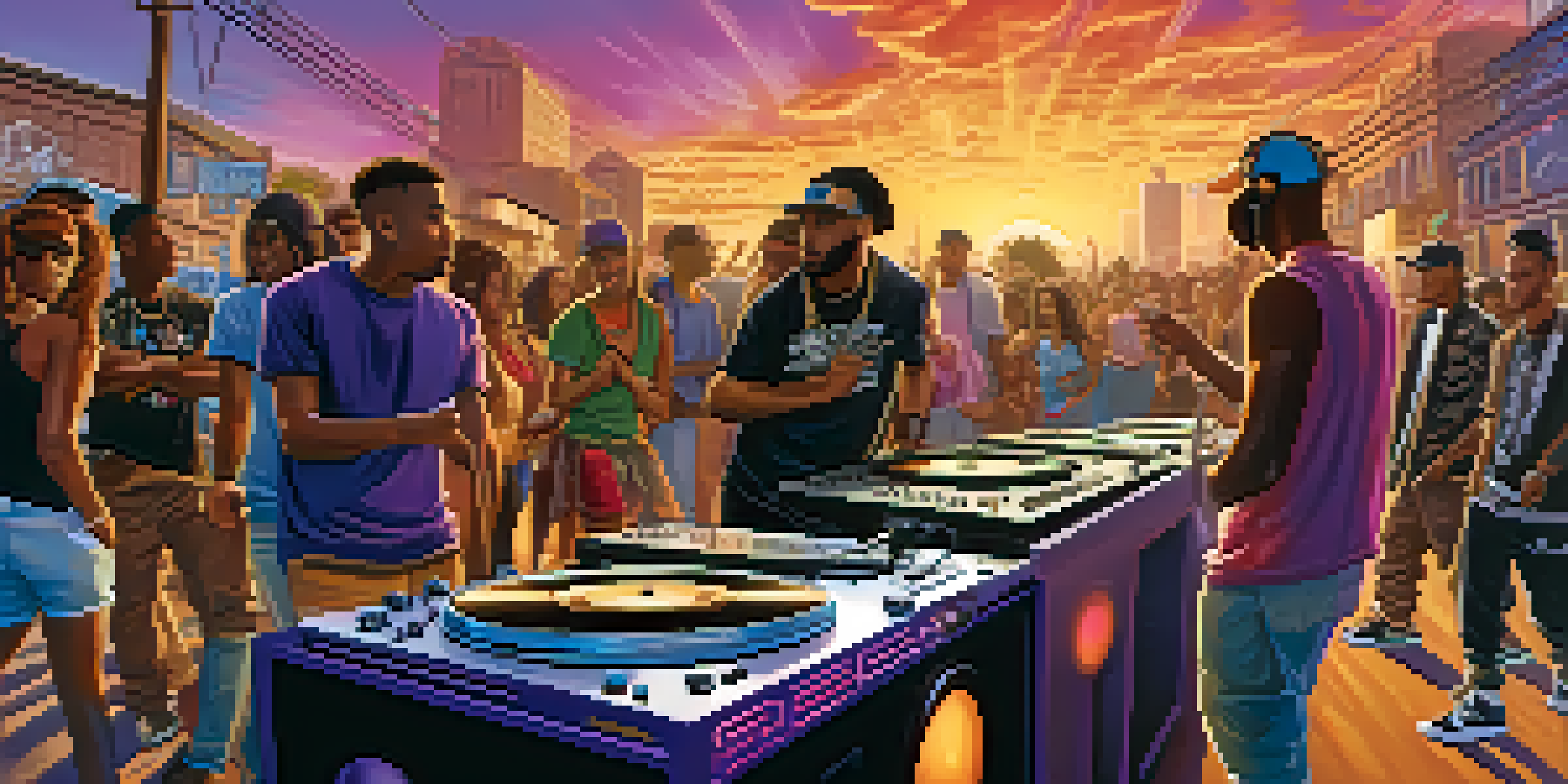 An urban street scene with hip-hop artists creating music against a colorful graffiti background at sunset.